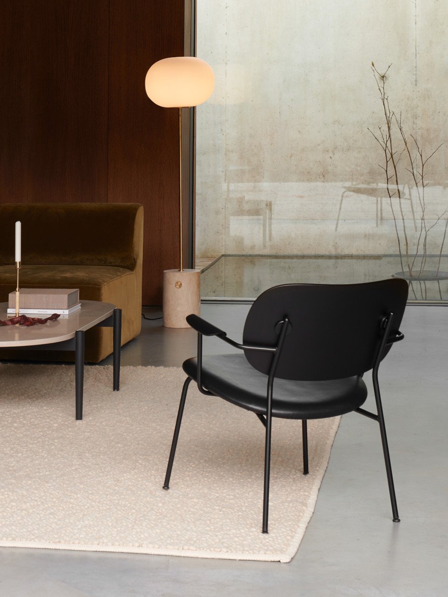 Lounge Chair, Upholstered Seat Veneer Back, Curved Armrests, Steel Frame