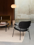 Lounge Chair, Upholstered Seat Veneer Back, Curved Armrests, Steel Frame