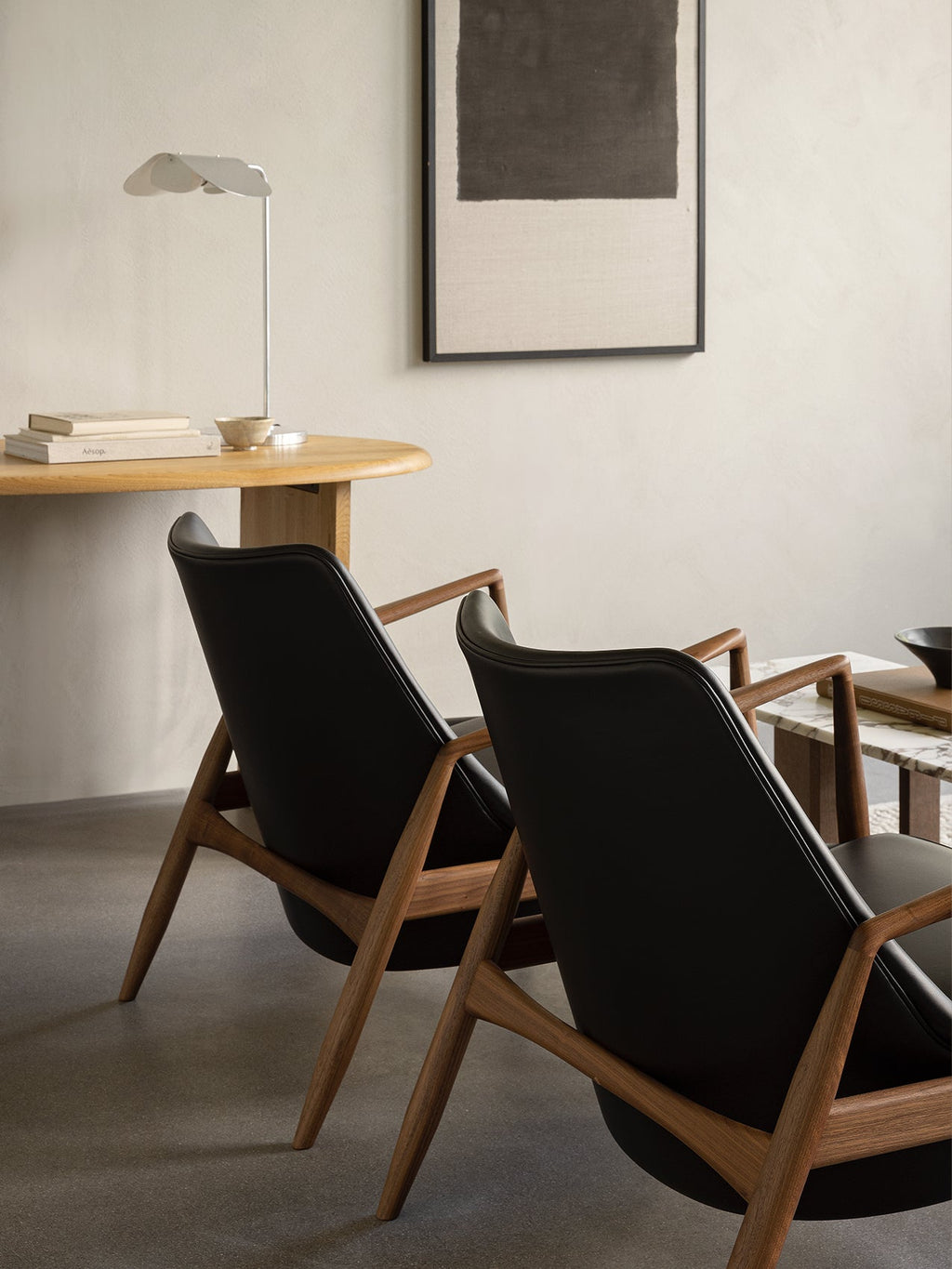 Low Back Lounge Chair Angled Frame, Leather Upholstery, Floating Shell