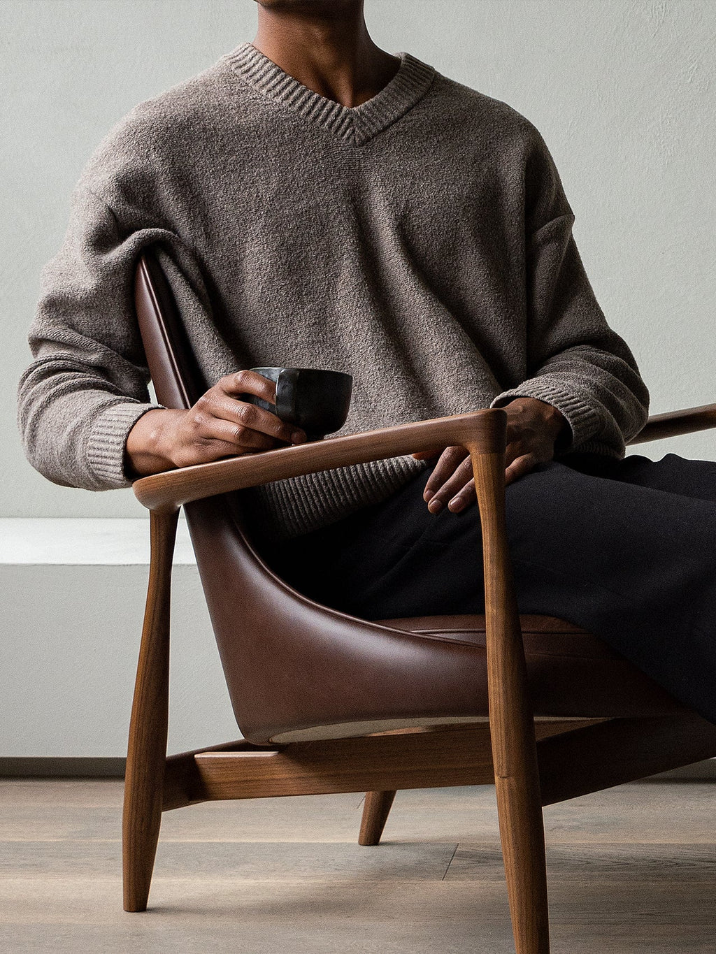 Lounge Chair Sculpted Armrests, Leather Seat, Danish Modern Icon