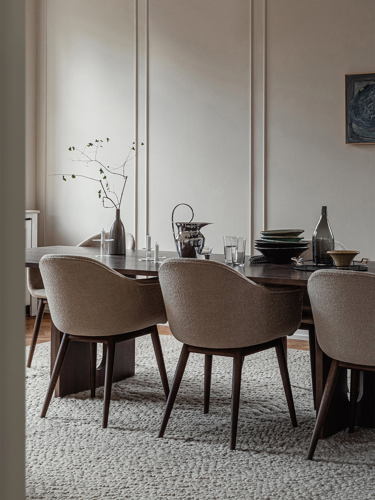 Upholstered Dining Chair, Wooden Base ¨C High Back, Outward Armrests