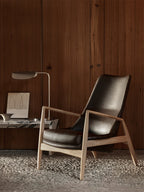 High Back Lounge Chair Angled Frame, Leather Upholstery, Floating Shell