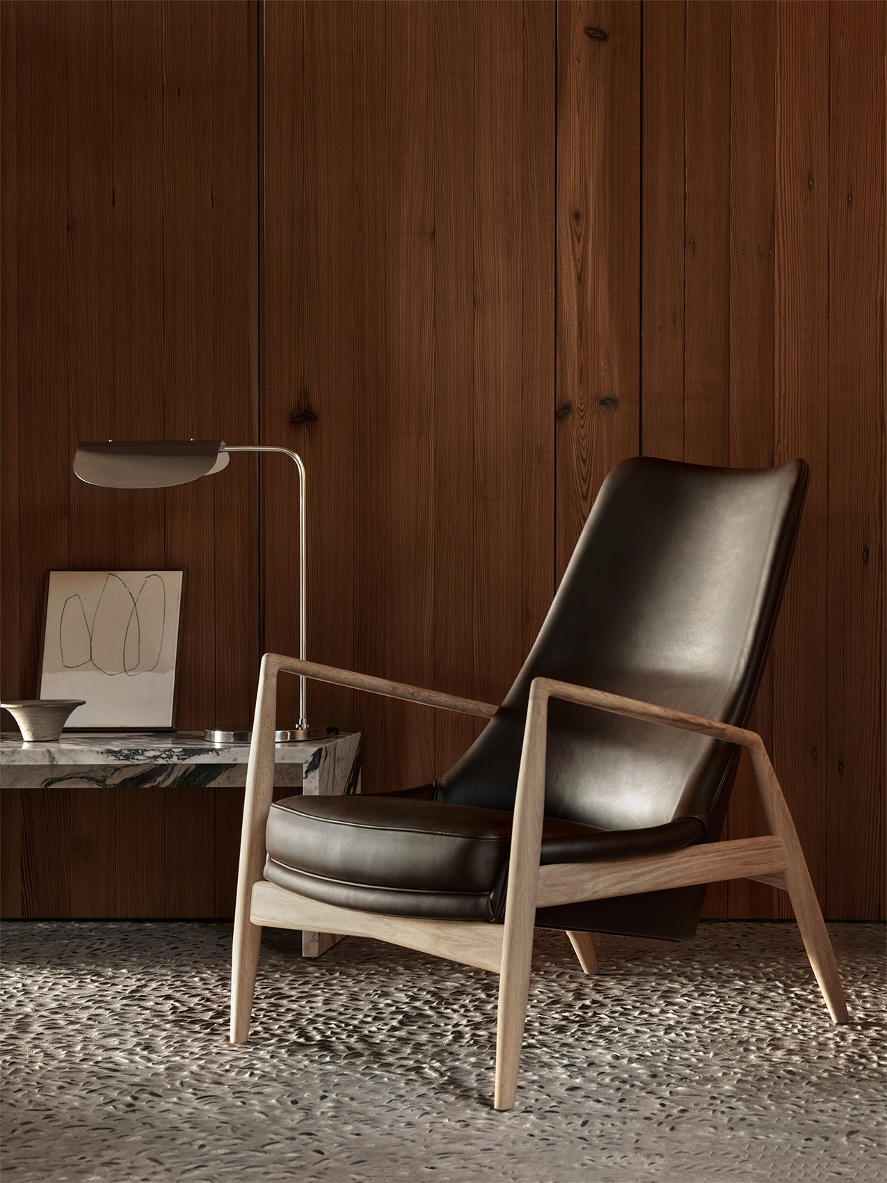 High Back Lounge Chair Angled Frame, Leather Upholstery, Floating Shell