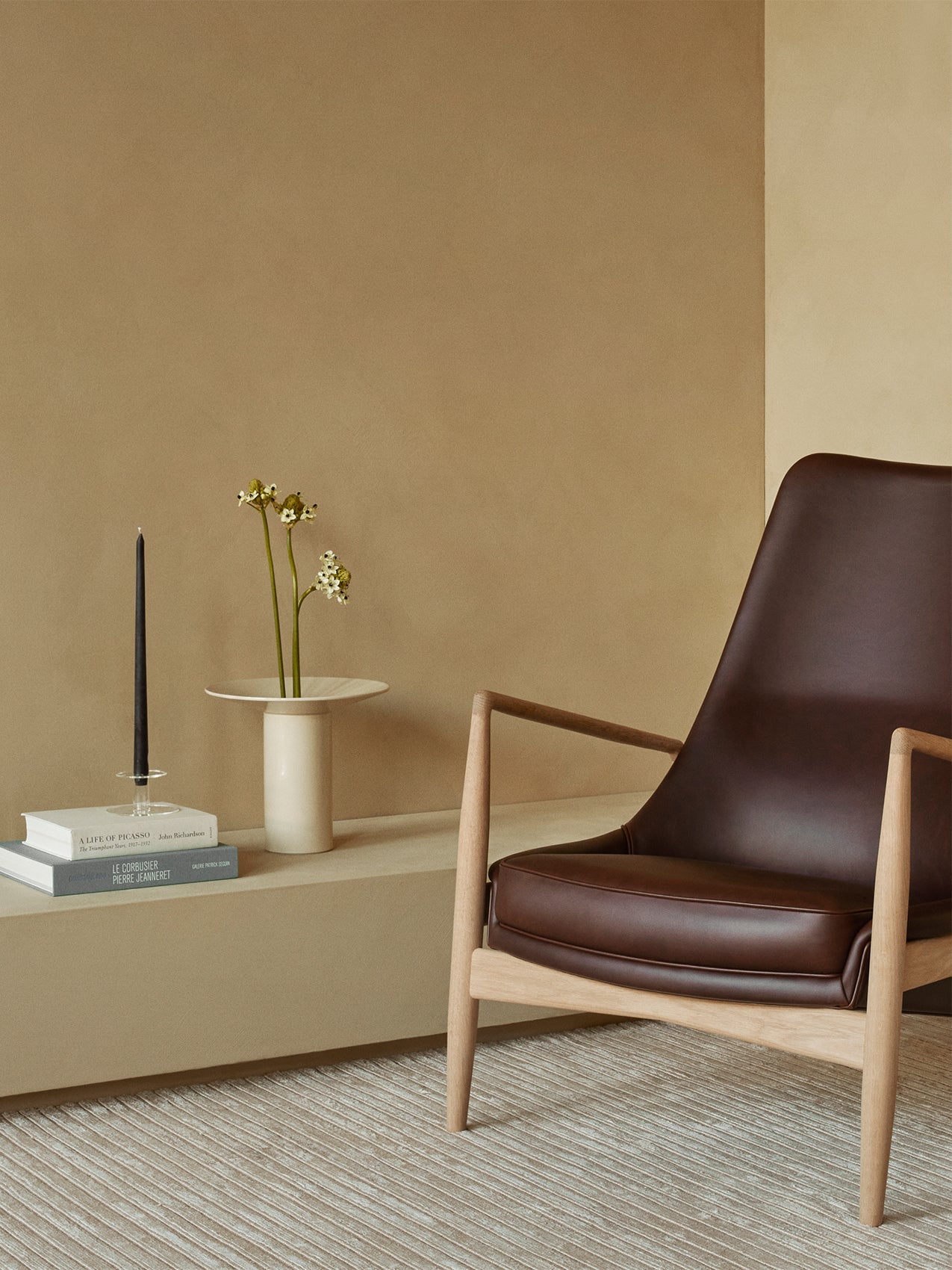 High Back Lounge Chair Angled Frame, Leather Upholstery, Floating Shell
