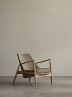 Low Back Lounge Chair Angled Frame, Leather Upholstery, Floating Shell