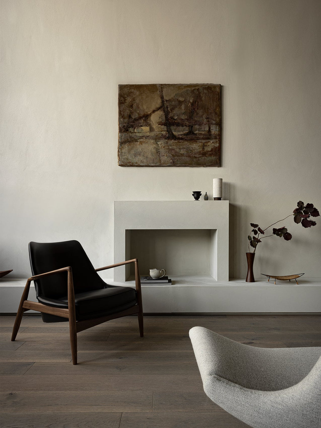 Low Back Lounge Chair Angled Frame, Leather Upholstery, Floating Shell