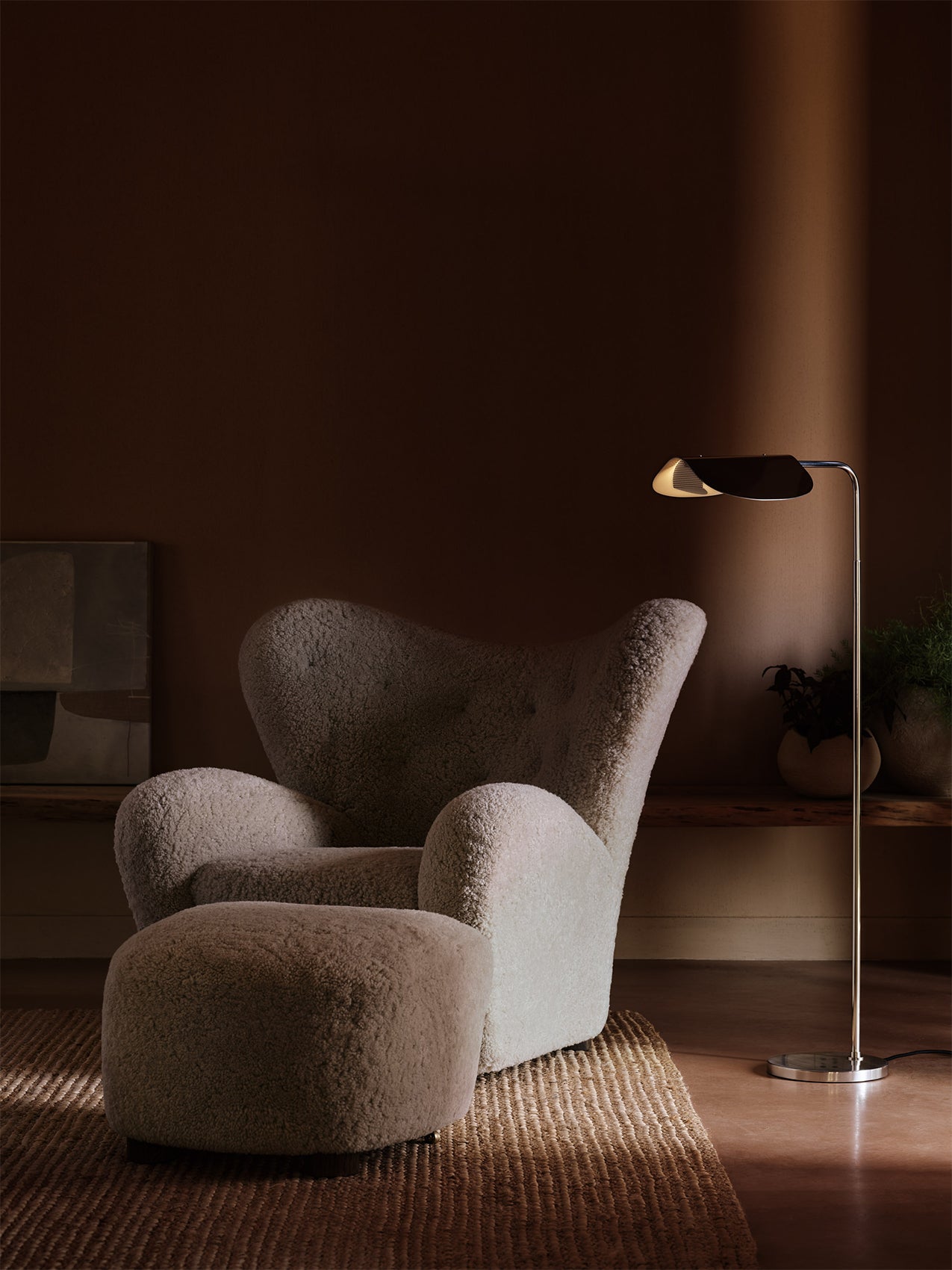 Ottoman in Sheepskin Oak Legs, Brass Casters, Pairs with Lounge Chair