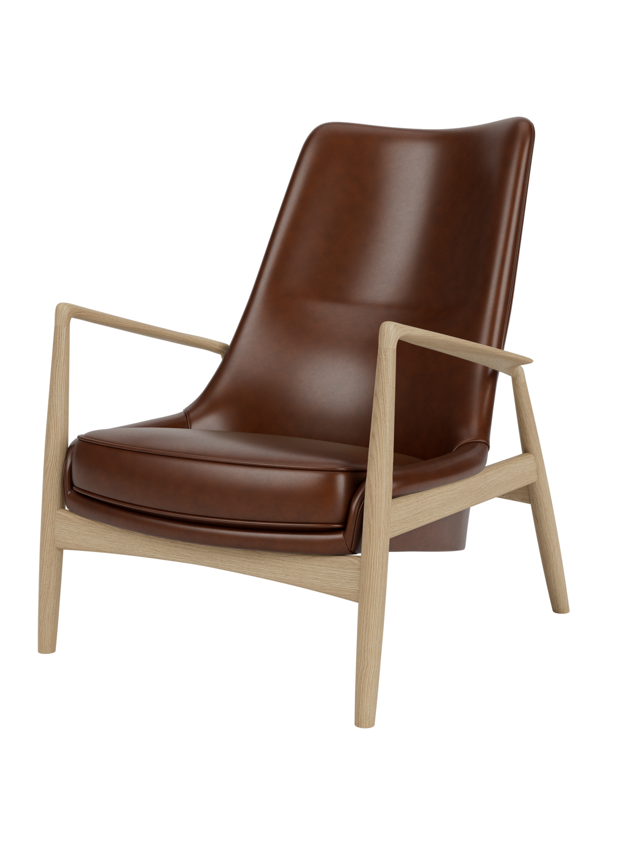 High Back Lounge Chair Angled Frame, Leather Upholstery, Floating Shell