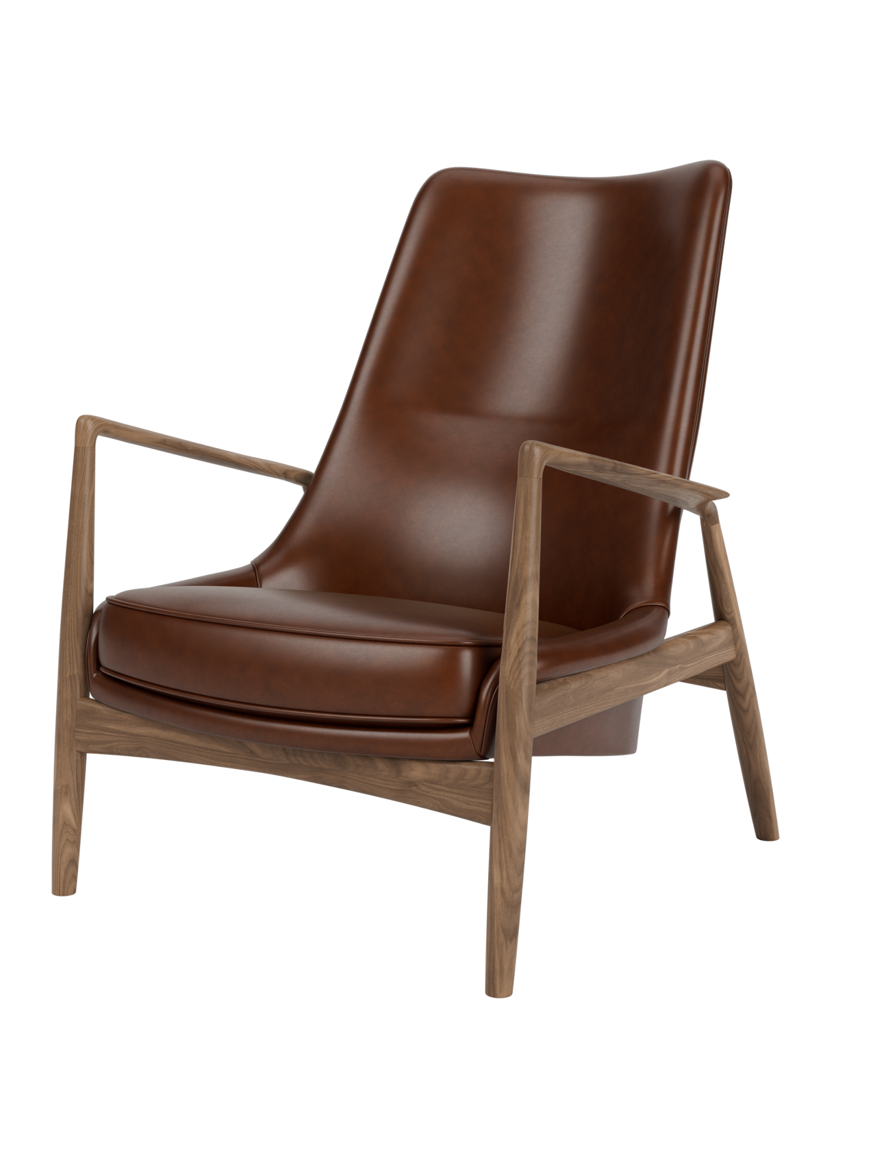 High Back Lounge Chair Angled Frame, Leather Upholstery, Floating Shell