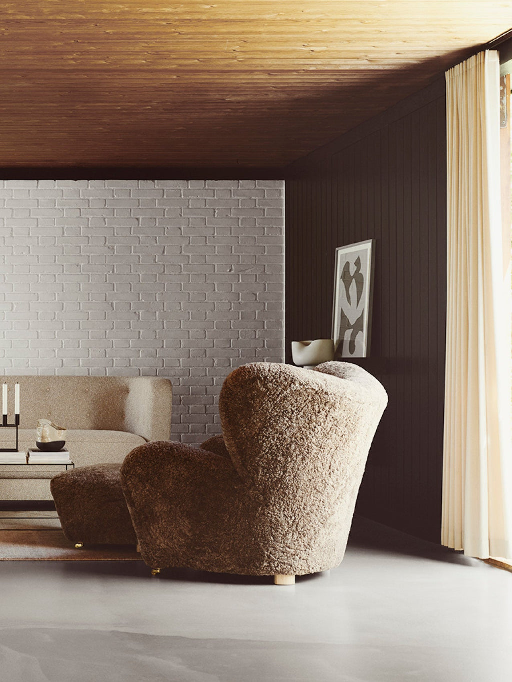 Lounge Chair in Sheepskin Curved Armchair, Oak Legs, Brass Casters