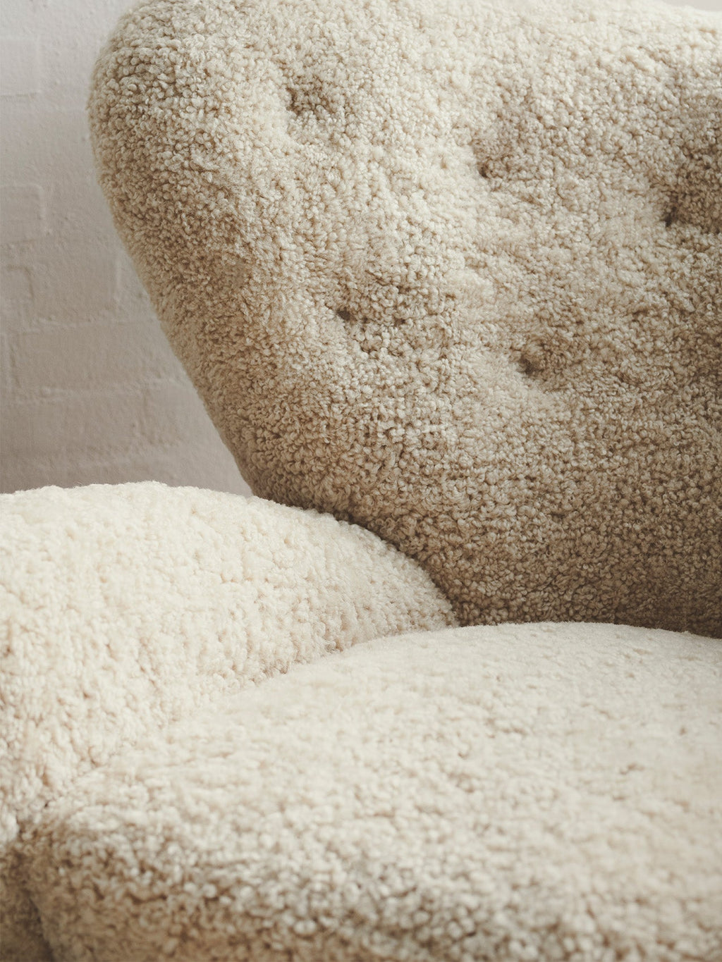 Lounge Chair in Sheepskin Curved Armchair, Oak Legs, Brass Casters