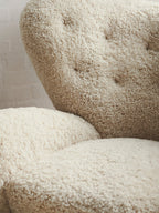 Lounge Chair in Sheepskin Curved Armchair, Oak Legs, Brass Casters