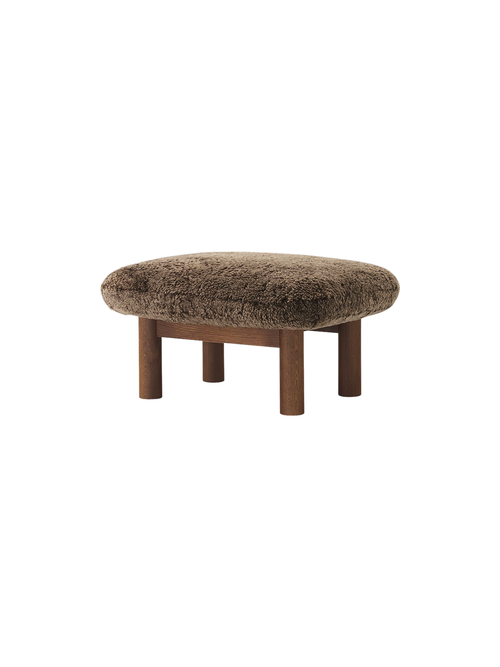 Ottoman in Sheepskin Cylindrical Legs, Versatile Use, 3 Wood Options