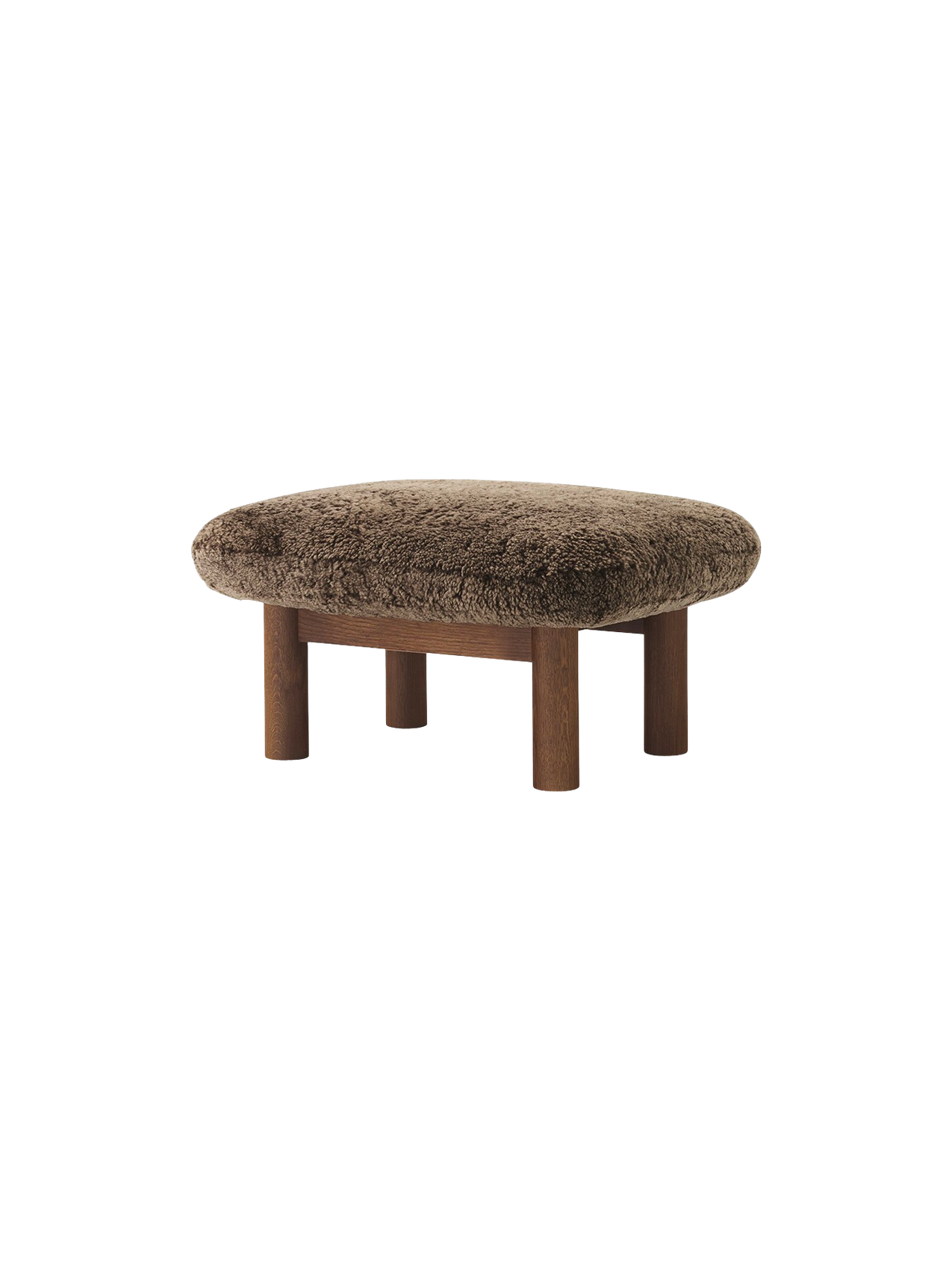 Ottoman in Sheepskin Cylindrical Legs, Versatile Use, 3 Wood Options