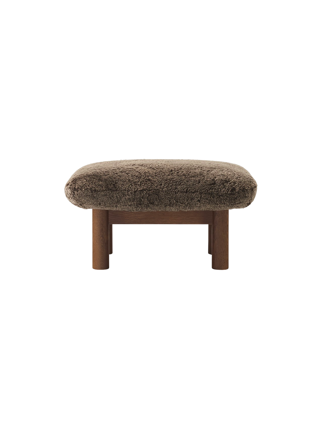 Ottoman in Sheepskin Cylindrical Legs, Versatile Use, 3 Wood Options