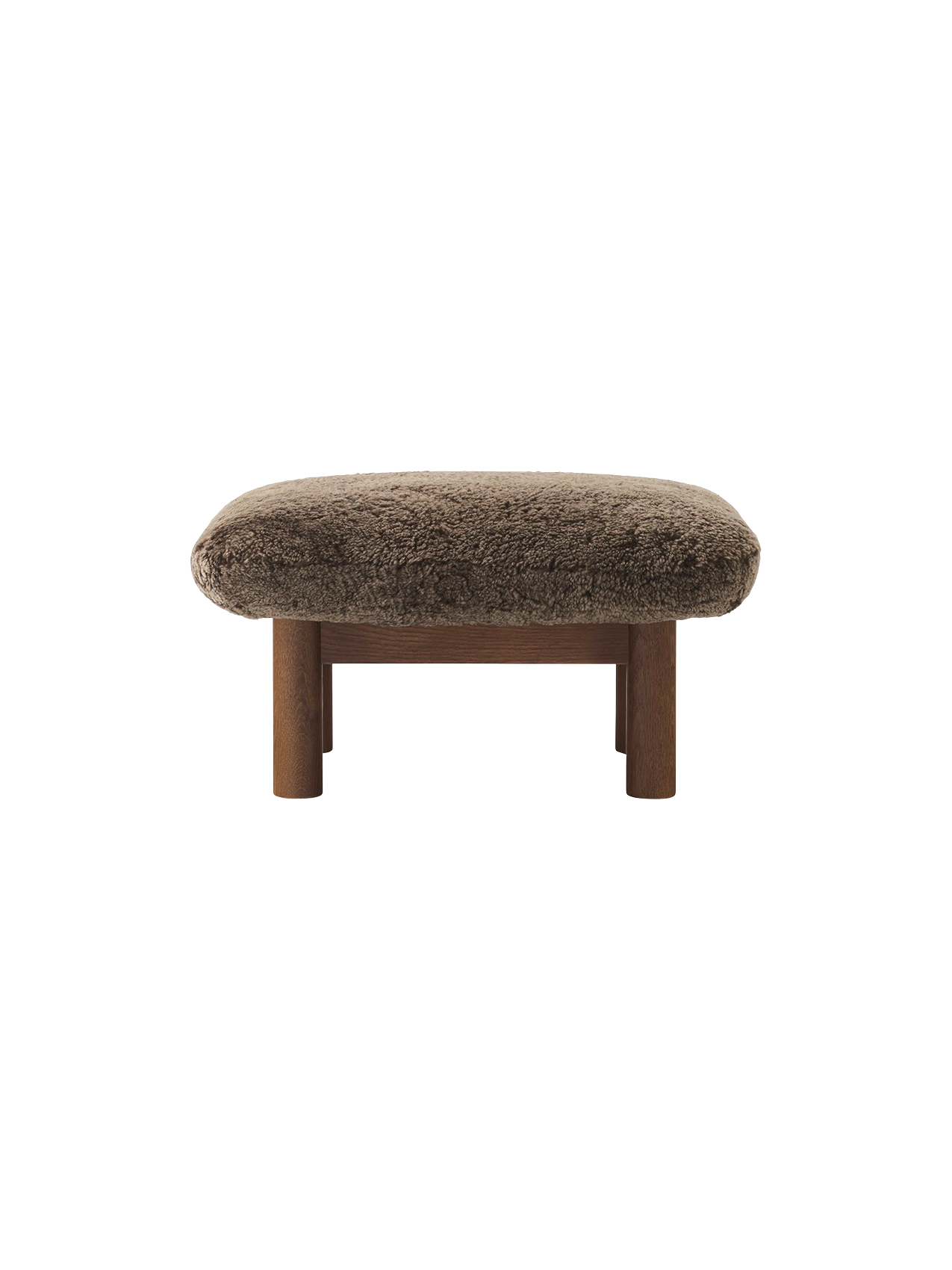 Ottoman in Sheepskin Cylindrical Legs, Versatile Use, 3 Wood Options