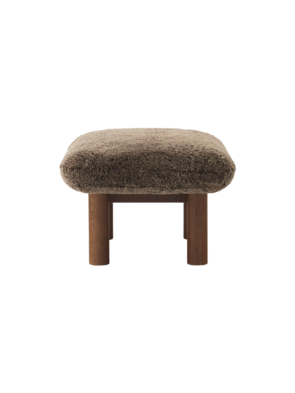 Ottoman in Sheepskin Cylindrical Legs, Versatile Use, 3 Wood Options