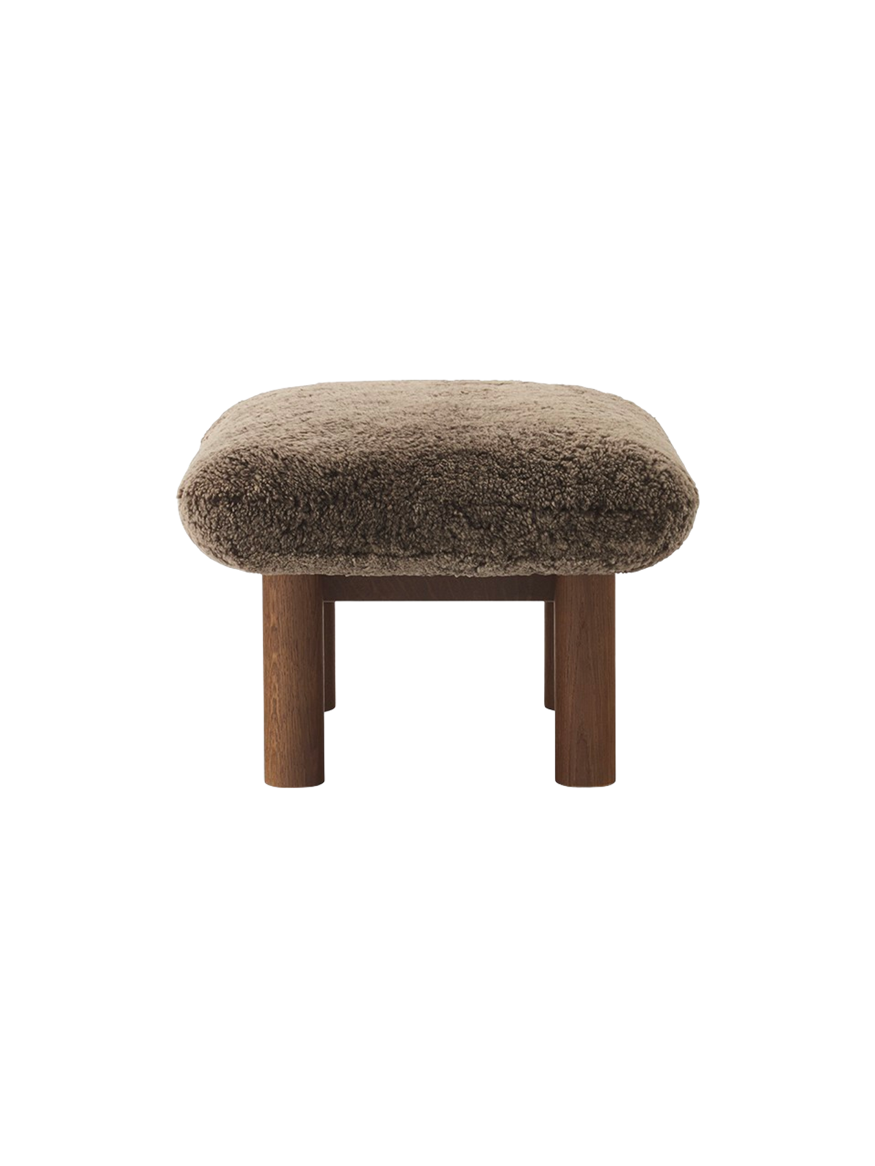 Ottoman in Sheepskin Cylindrical Legs, Versatile Use, 3 Wood Options