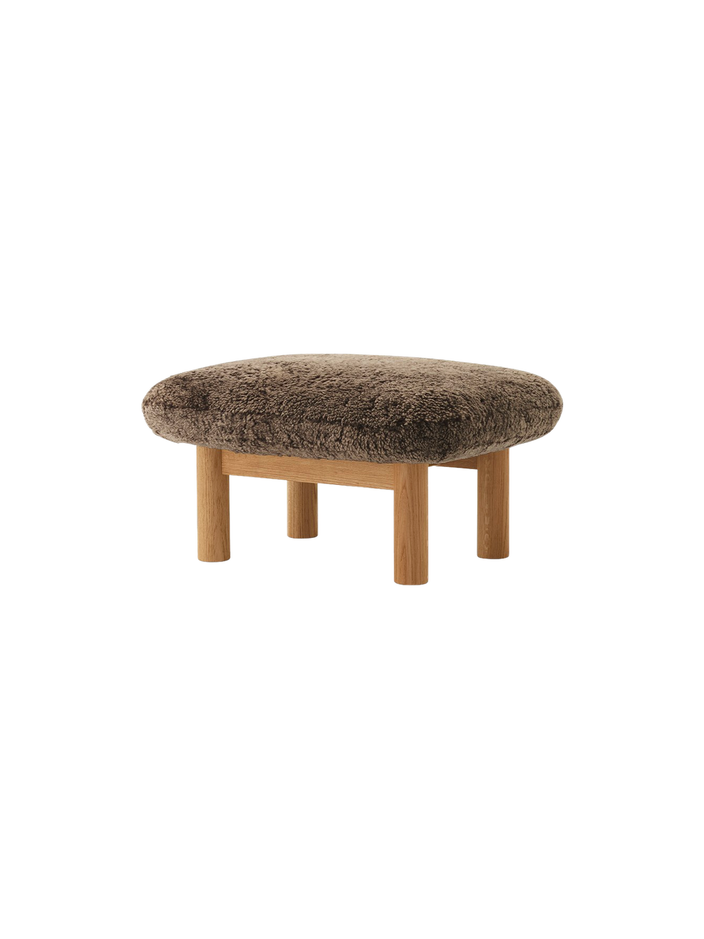 Ottoman in Sheepskin Cylindrical Legs, Versatile Use, 3 Wood Options