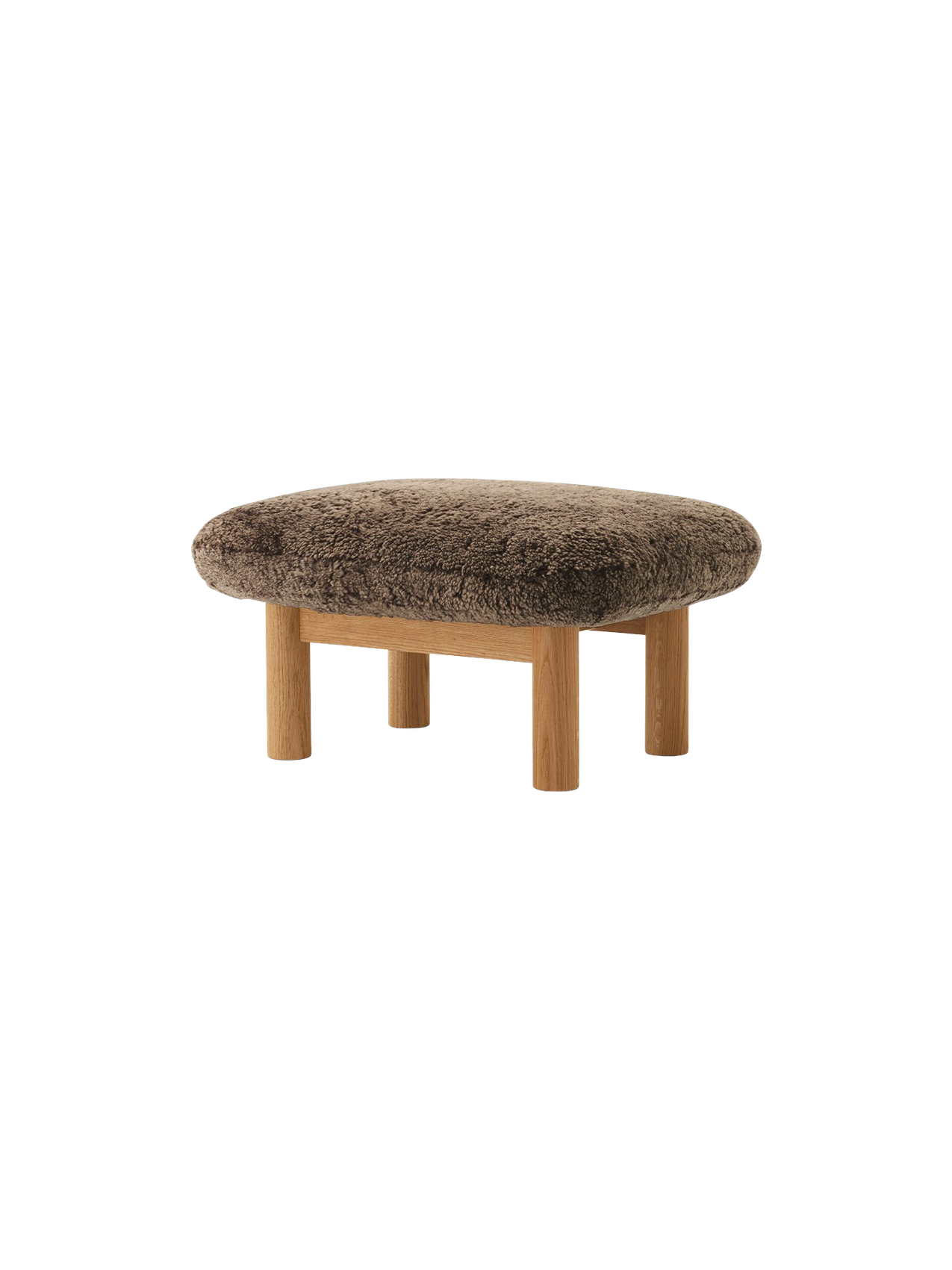 Ottoman in Sheepskin Cylindrical Legs, Versatile Use, 3 Wood Options