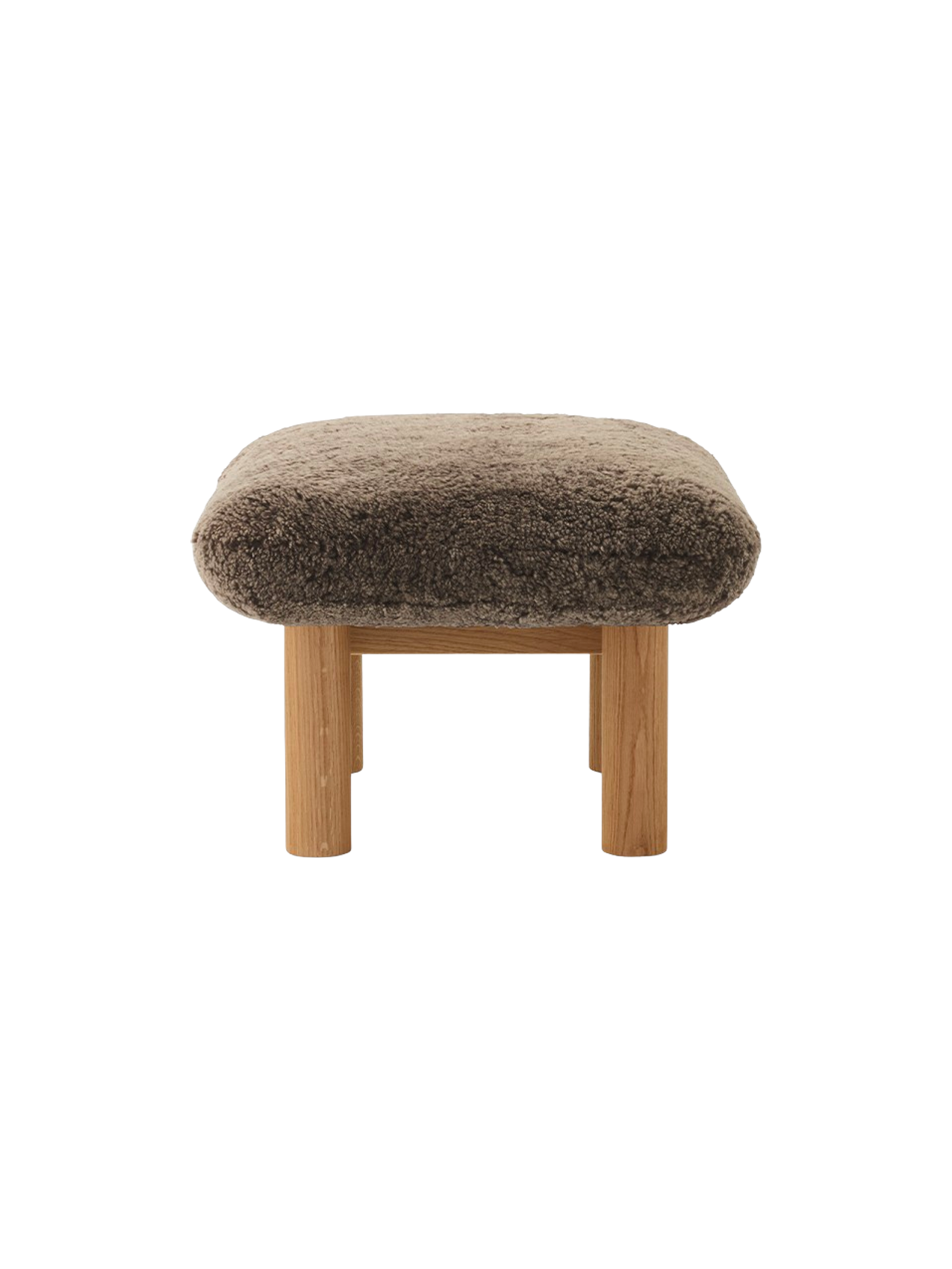 Ottoman in Sheepskin Cylindrical Legs, Versatile Use, 3 Wood Options