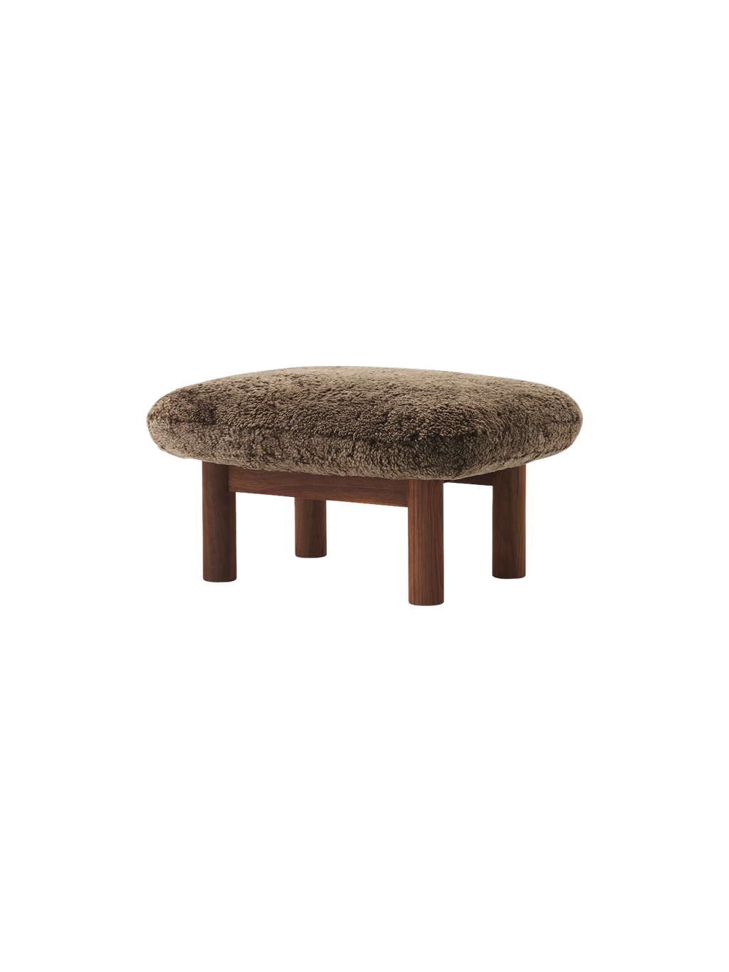 Ottoman in Sheepskin Cylindrical Legs, Versatile Use, 3 Wood Options