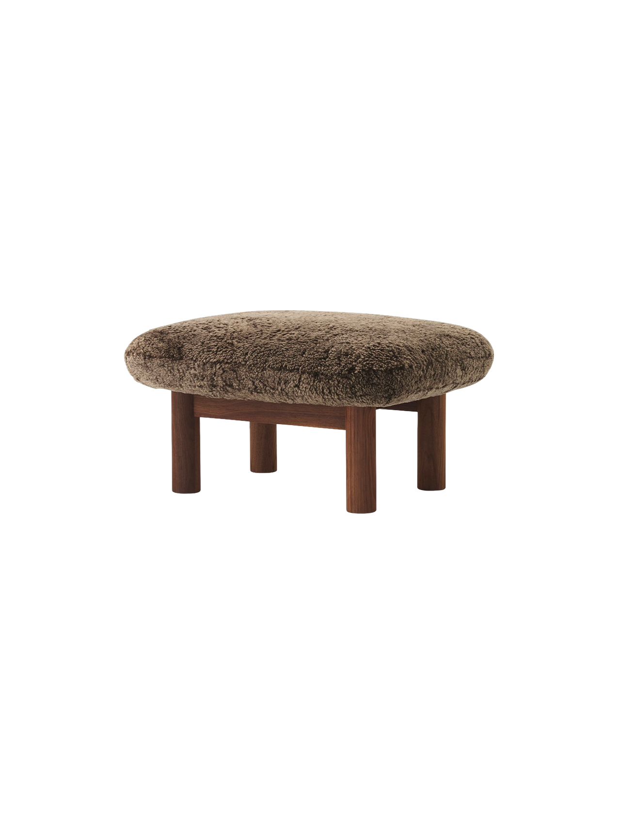 Ottoman in Sheepskin Cylindrical Legs, Versatile Use, 3 Wood Options