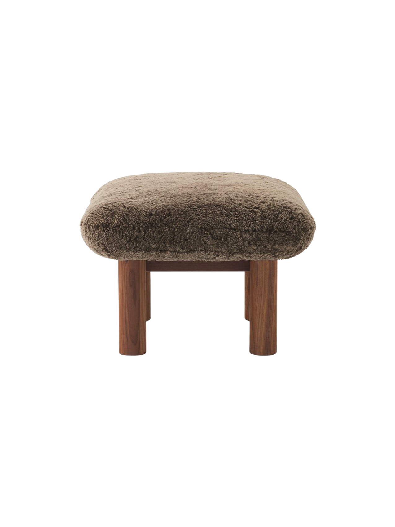 Ottoman in Sheepskin Cylindrical Legs, Versatile Use, 3 Wood Options